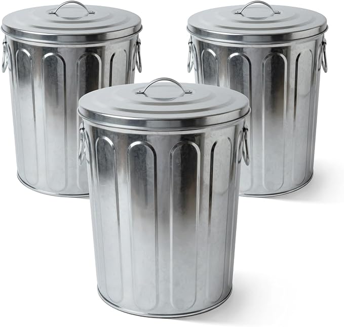 Plexon 5 Gallon Small Metal Trash Can with Lid Outdoor Galvanized Bucket with Lid 5 Gal Fireplace Ash Bucket for Wood Stove Storage Can for Dog Food Bird Seed Storage Container 3 Pack by Plexon