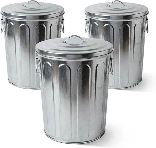 Plexon 5 Gallon Small Metal Trash Can with Lid Outdoor Galvanized Bucket with Lid 5 Gal Fireplace Ash Bucket for Wood Stove Storage Can for Dog Food Bird Seed Storage Container 3 Pack by Plexon