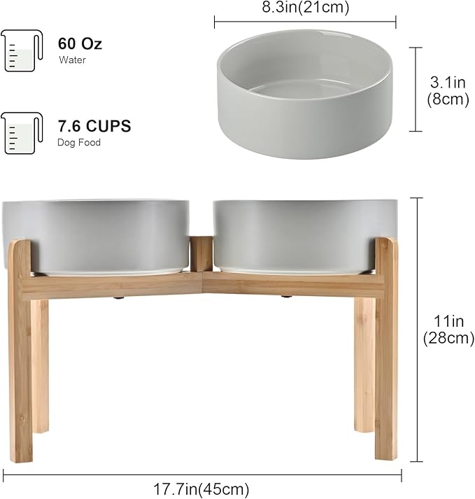 SPUNKYJUNKY Elevated Dog Bowls Ceramic, 8.3'' Dogs Food Water Bowls Raised with Non-Slip Bamboo Stand for Large Sized Breed Microwave Dishwasher Safe - 60 OZ,Grey - Image 2