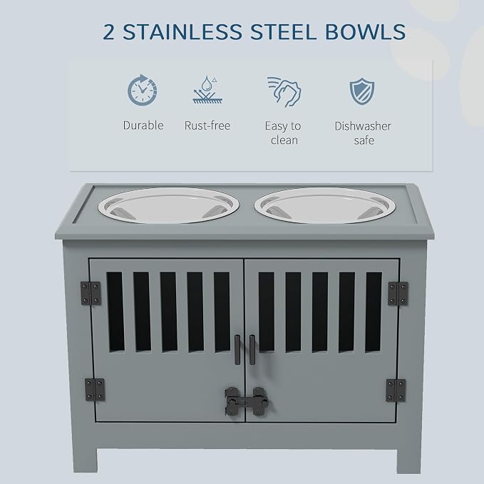 PawHut Large Elevated Dog Bowls with Storage Cabinet, 37L Gray | Raised Dog Bowl Stand Pet Food Bowl Dog Feeding Station - Image 3