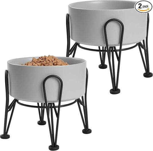 Elevated Dog Bowls, Ceramic Raised Dog Bowl Set with Anti-Slip and Non-Tip Metal Stand, 2 Pack Pet Food and Water Feeding Bowls for Small and Medium Dogs (Gray,3.6 Cups) by Kitwinney