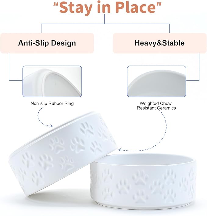 SPUNKYJUNKY Ceramic Dog Bowls 2 Pack, 7.3'' Dog Food Water Double Feeding Bowls Non-Slip for Medium to Large Sized Breed Microwave Dishwasher Safe - 42 OZ, 2pcs, Paw White - Image 4