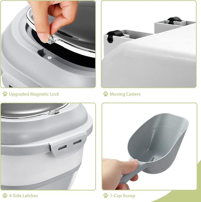 Collapsible Dog Food Storage Container, Airtight Sealed Pet Container with Measuring Scoop & Wheels, 30 lb Large Plastic Cat Containers Bin for Treats, Grey - Image 6