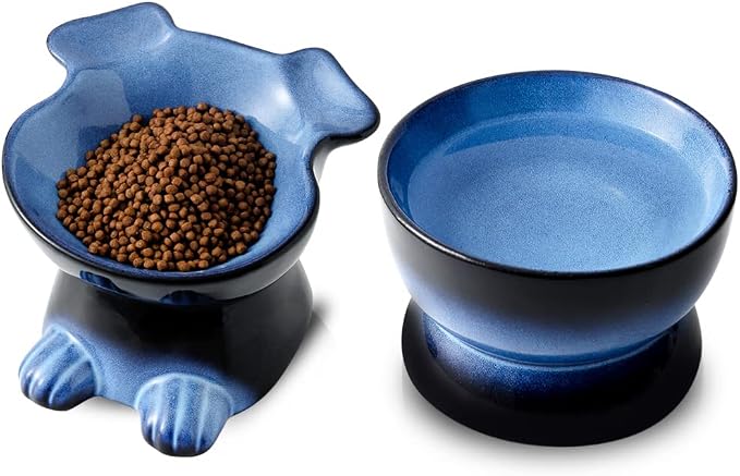 Nihow Dog Food & Water Bowls: Elevated Ceramic Bowls for Medium/Small Dog | Food Safe Raised Puppy Bowls - Vivid Blue Pet Bowl for Protecting Pet's Spine (Set of 2) by Nihow