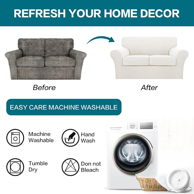 Turquoize 3 Piece Sofa Covers for 2 Cushion Couch Sofa Slipcover Soft Couch Cover for Dogs-Washable Sofa Furniture Cover with 2 Individual Cushion Covers (2 Cushion Sofa, Porcelain White) - Image 7