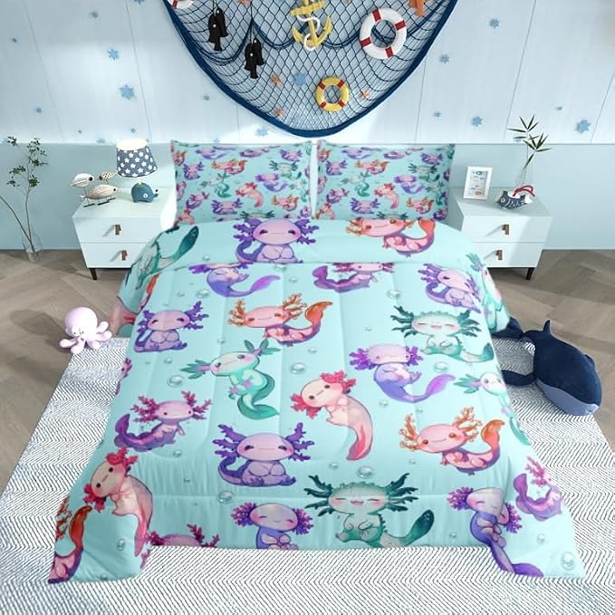 Manfei Cartoon Axolotl Comforter Set Full Size,Cute Purple Blue Wildlife Animal Bedding Set for Girls Teens Bedroom Decor Green Polka Dots Sea Creature Soft Chic Quilted Duvet with 2 Pillowcases by Manfei