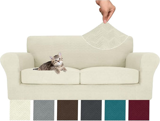 MAXIJIN 3 Piece Couch Covers for 2 Cushion Couch Sofa Cover, Stretch Loveseat Sofa Slipcovers for Sofas with 2 Large Cushions, Thick Dogs Pet Furniture Covers (71"-91", Beige) by MAXIJIN