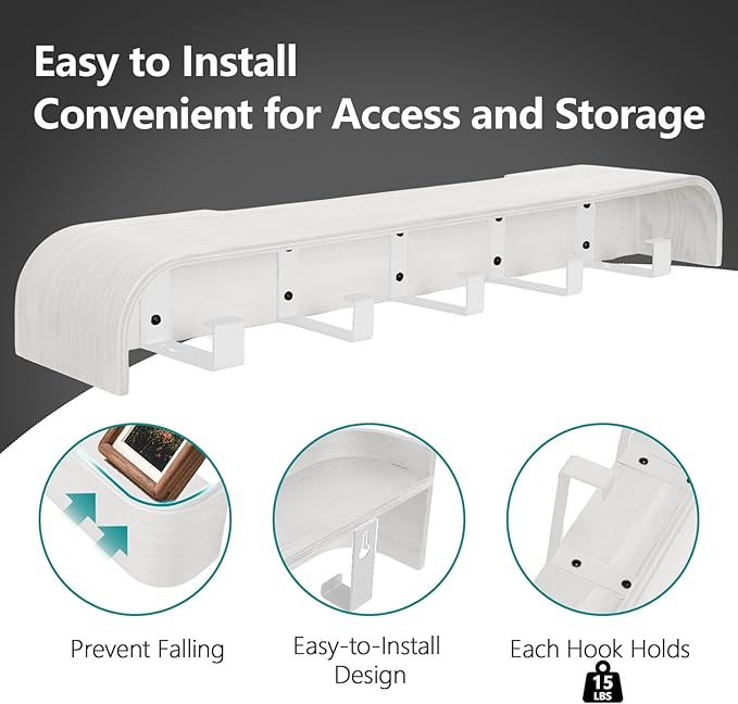 Coat Rack Wall Mount with Hidden Hooks Modern Key Holder Wood Entryway Hook with Shelf for Bedroom Kitchen Hallway Bathroom Designed for Hanging Coats Hats Bags Towels Dog Leashe(White,5 Hooks) - Image 4