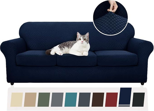 YEMYHOM Latest Checkered 4 Pieces Couch Covers for 3 Cushion Couch High Stretch Thickened Sofa Cover for Dogs Pets Elastic Slipcovers Living Room Furniture Protector (Navy), 71"-91"(3 Cushions) by YEMYHOM