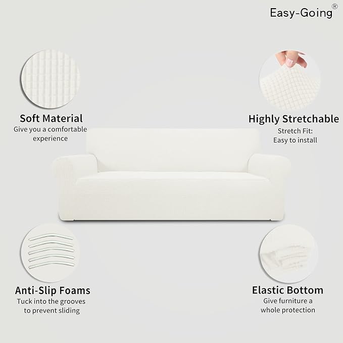 Easy-Going Stretch Couch Covers for Sofa Washable Large Cream | 1-Piece Sofa Covers for 3 Cushion Couch Furniture Protector Couch Slipcover Soft with Bottom for Kids Pets - Image 3