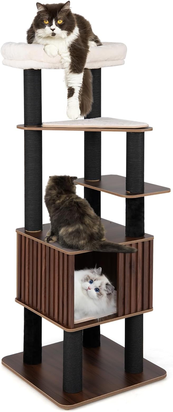 PETSITE 64-inch Wooden Cat Tree, Multi-Level Modern Cat Tower with Scratching Posts, Spacious Condo with Top Cat Hole and Removable Soft Pad, Comfy Padded Top Perch, and Dangling Ball