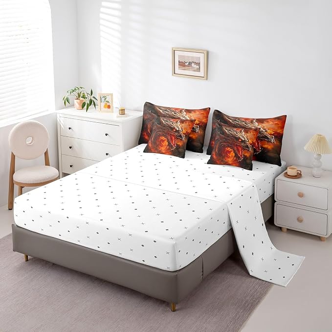 7 Pieces Comforter Set Queen Size, Red Fire Dragon Bedding Bed in a Bag With Flat and Fitted Sheets for Kids and Adults, 3D Fire Dragon Comforter Set With Pillowcases & Pillow Covers - Image 4