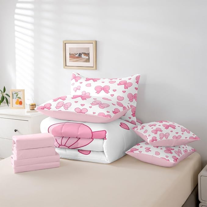 Feelyou Pink Bowknot 7 Piece Bedding Set Cartoon Bow Comforter Set with Sheets for Kids Boys Girls Cute Love Heart Bed in a Bag White Pink Bed Set Soft Lightweight - Image 5