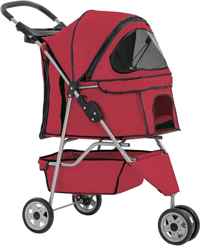BestPet 3 Wheels Pet Dog Stroller Cat Cage for Medium Small Dogs Cats Travel Folding Carrier Waterproof Puppy Stroller with Cup Holder & Removable Liner,Red