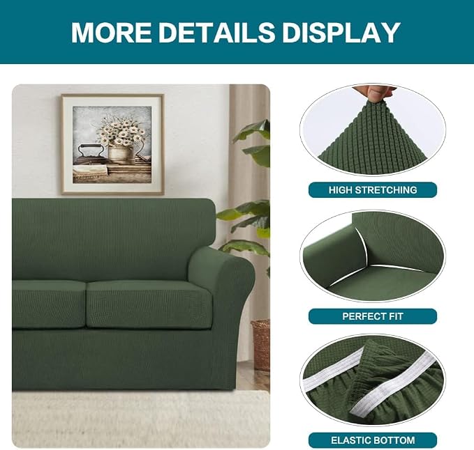 Turquoize 4 Piece Sofa Covers for 3 Cushion Couch Sofa Slipcover Soft Couch Cover for Dogs Washable Furniture Cover with 3 Individual Large Cushion Covers Feature Fabric (Large Sofa, Bronze Green) - Image 4