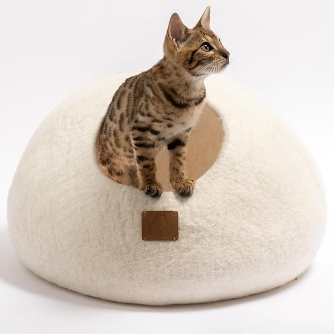 Extra Thick Felted Wool Cat Cave Bed Your Pet Will Love - Cozy and Warm Hideaway for Sleeping & Relaxing - Large and Small Pets - 100% Organic, Durable, Long-Lasting Comfort (Snow White, Small) by FuzzyCove