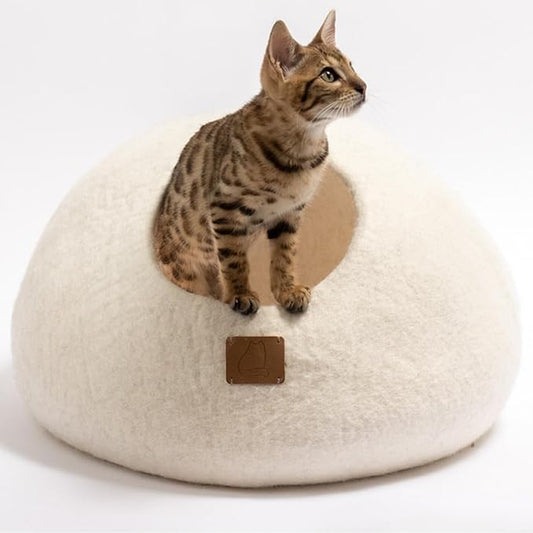 Extra Thick Felted Wool Cat Cave Bed Your Pet Will Love - Cozy and Warm Hideaway for Sleeping & Relaxing - Large and Small Pets - 100% Organic, Durable, Long-Lasting Comfort (Snow White, Small) by FuzzyCove