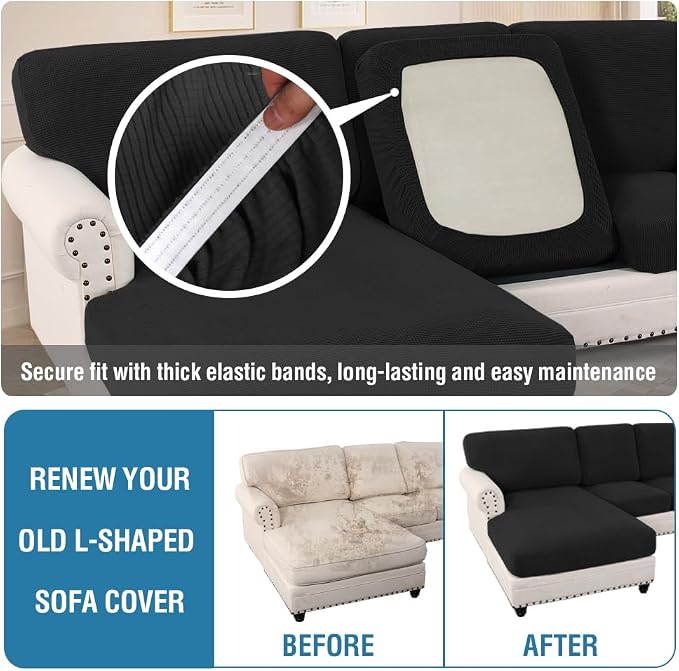 H.VERSAILTEX Sectional Couch Covers 8 Pieces Stretch Sofa Covers for Sectional Sofa Set Separate L Shaped Couch Cover for Both Left/Right Couch (Seat and Back: 1 Chaise + 3 Sofa, Black) - Image 6