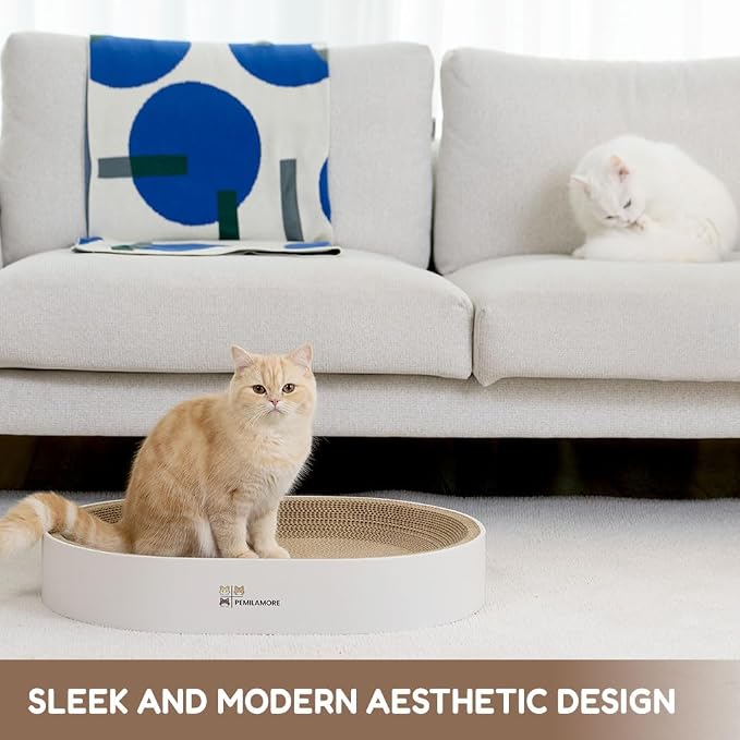 Extra Large Oval Cat Scratcher Lounge Bed - Heavy Duty Double-Sided Cardboard Scratching Pad, Modern White Cat Furniture & Sofa for Large Indoor Cats - Image 8