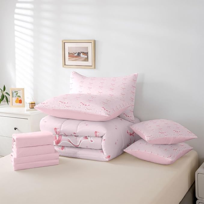 Erosebridal Girly Bowknot 7 Piece Comforter Set Twin Bed in A Bag for Girls Pink Bow Bedding Set Coquette Room Decor Dreamy Ribbon Bow Knot Princess Quilt Watercolor Aesthetic Bowtie Sheet Set - Image 6