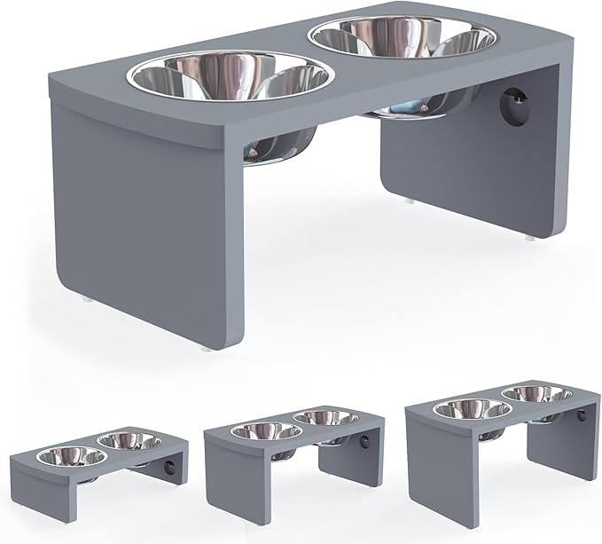 Elevated Dog Bowls, Bamboo Raised Dog Bowl for Medium Dogs, with 2 Stainless Steel Bowls (7'' Tall-40 oz Bowl, Grey) by JoyoPawFamily