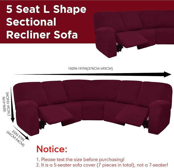 Peryiter 7 Pcs L Shape Sectional Recliner Sofa Covers 5 Seat Sectional Couch Covers Milk Silk Velvet Stretch Reclining Sofa Slipcover Furniture Protector for Living Room(Wine Red,Milk Silk) - Image 3