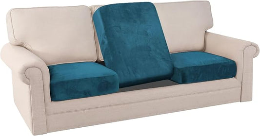 PrinceDeco Stretch Sofa Cushion Covers for Couches and Sofas,Soft Velvet Couch Seat Covers, Sofa Covers Washable, Seat Cushion Cover for 3 Couch Sofa Pet Friendly - Deep Teal, Each Width Up to 29.5" by PrinceDeco