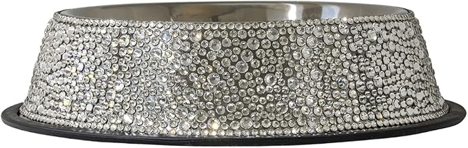Strass Pet Bowl, Sparkling Rhinestones on Stainless Steel, Non-Slip Base, for Cats, Dogs, Other Pets, Food and Water, Silver, Large, Sold Individually by SparklesHome