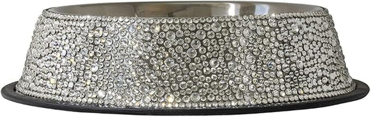 Strass Pet Bowl, Sparkling Rhinestones on Stainless Steel, Non-Slip Base, for Cats, Dogs, Other Pets, Food and Water, Silver, Large, Sold Individually by SparklesHome