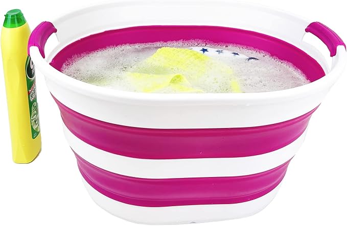 SAMMART 23L (6 Gallons) Collapsible Plastic Laundry Basket - Oval Tub/Basket - Foldable Storage Container/Organizer - Portable Washing Tub (White/Purple (Set of 2)) - Image 5