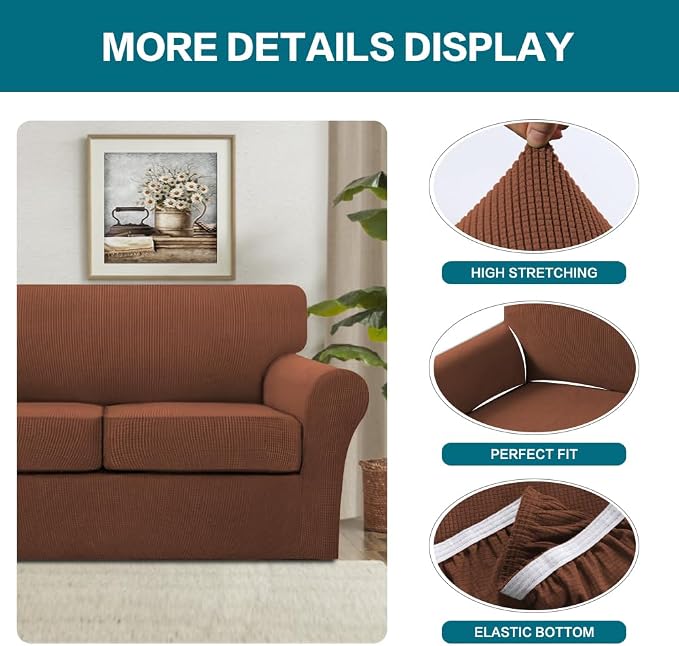 Turquoize 4 Piece Sofa Covers for 3 Cushion Couch Sofa Slipcover Soft Couch Cover for Dogs-Washable Sofa Furniture Covers with 3 Individual Large Cushion Covers (XL Sofa, Caramel) - Image 4