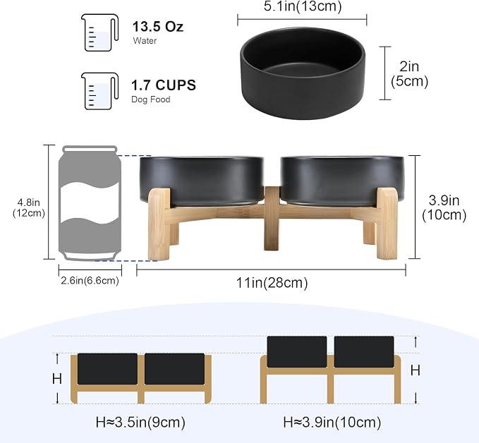 SPUNKYJUNKY Elevated Dog Bowls Ceramic, 5.1'' Dogs and Cat Food Water Bowls Raised with Non-Slip Bamboo Stand for Puppy Small Sized Breed Microwave Dishwasher Safe - 13.5 OZ,Black - Image 2