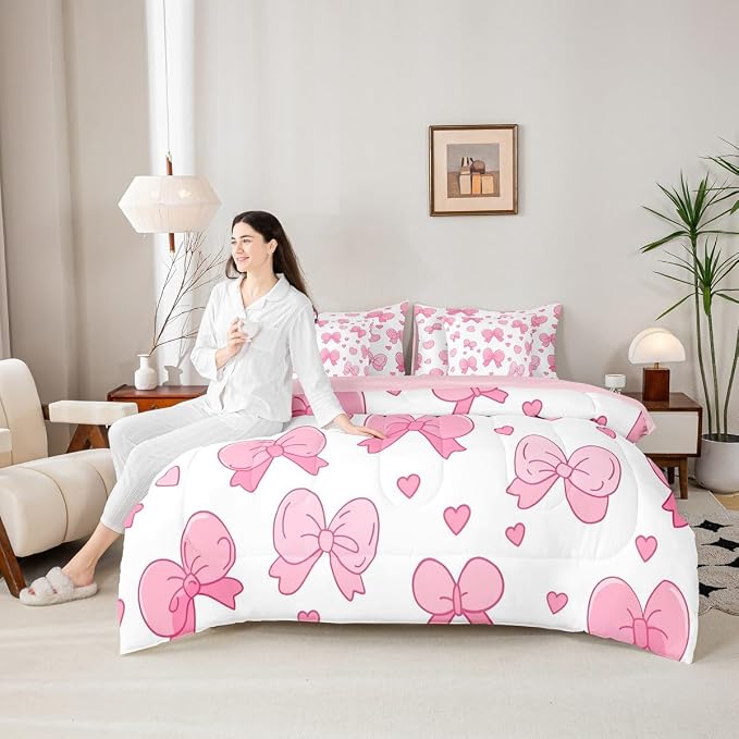 Feelyou Pink Bowknot 7 Piece Bedding Set Cartoon Bow Comforter Set with Sheets for Kids Boys Girls Cute Love Heart Bed in a Bag White Pink Bed Set Soft Lightweight - Image 6