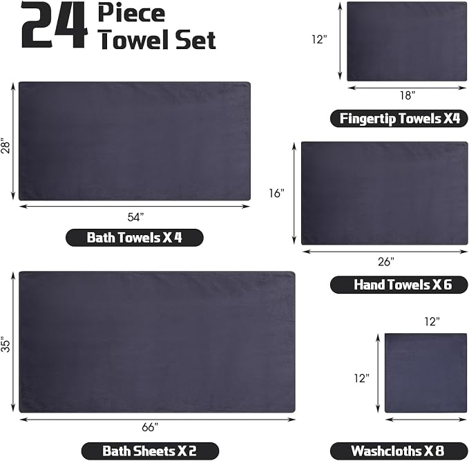 Mixweer 24 Piece Dark Grey Microfiber Absorbent Towel Set: 2 Oversized Bath Sheets, 4 Bath Towels, 6 Hand, 8 Washcloths, 4 Fingertip for Bathroom Spa Gym Camping Beach - Image 5