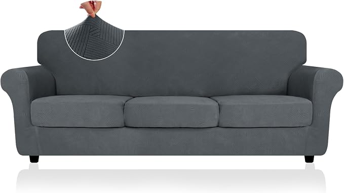 ZNSAYOTX 4 Piece Stretch XL-Sofa Covers (91"-110") for 3 XL Cushion Couch, Thick Couch Cover with Elastic Band Bottom Ties Non-Slip Stay in Place, Soft Durable Oversized Slipcovers, Dark Grey by ZNSAYOTX