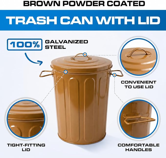 Plexon 5 Gallon Small Metal Trash Can with Lid Outdoor Galvanized Steel Bucket with Lid 5 Gal Storage Can for Dog Food Bird Seed Storage Container, Brown - Image 9