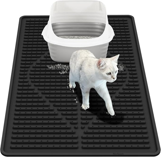 Mofason Silicone Cat Litter Mat XXL, Black Extra Large Litter Matt for Cat | Waterproof 38"x25" kitty litter box mat for floor; extra large pet trapping rug pad mat, cat litter catcher easy clean indoor by Mofason