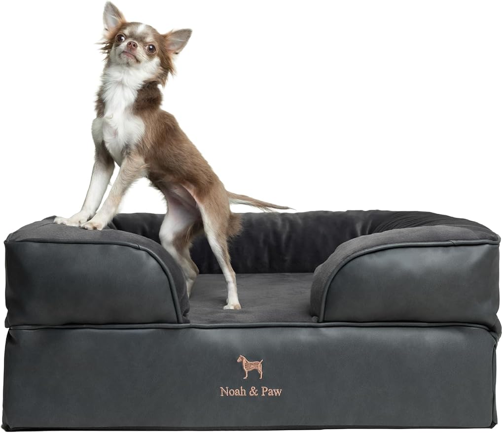 NOAH & PAW Dog Bed, 28x23x11 Inch, Orthopedic Dog Beds for Medium Size Pets, Eggshell Memory Foam Infused with Cooling Gel, Inner Cover, Water Resistant, Machine Washable (Faux Leather) by NoahPaw