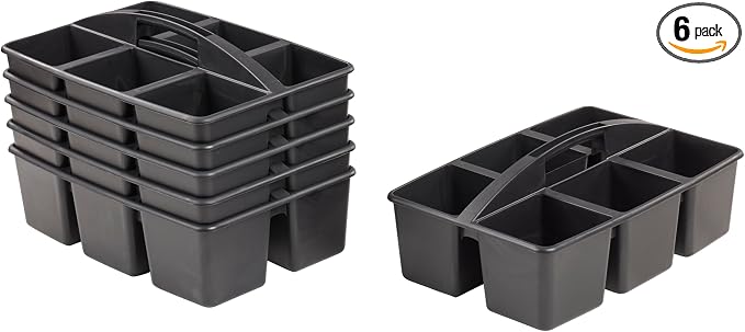 ECR4Kids 6-Compartment Large Plastic Caddy, Multipurpose Organization, Black, 6-Pack by ECR4Kids