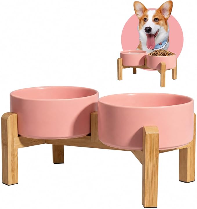 Elevated Ceramic Dog Bowl, 3.6 Cups Dog Food and Water Bowl Set with Stand | 6.1'' Double Dog Feeding Dishes, Non-Slip Raised Dog Feeder for Small and Medium Breeds, 28.74 OZ / 850 ML, White by PTOBER