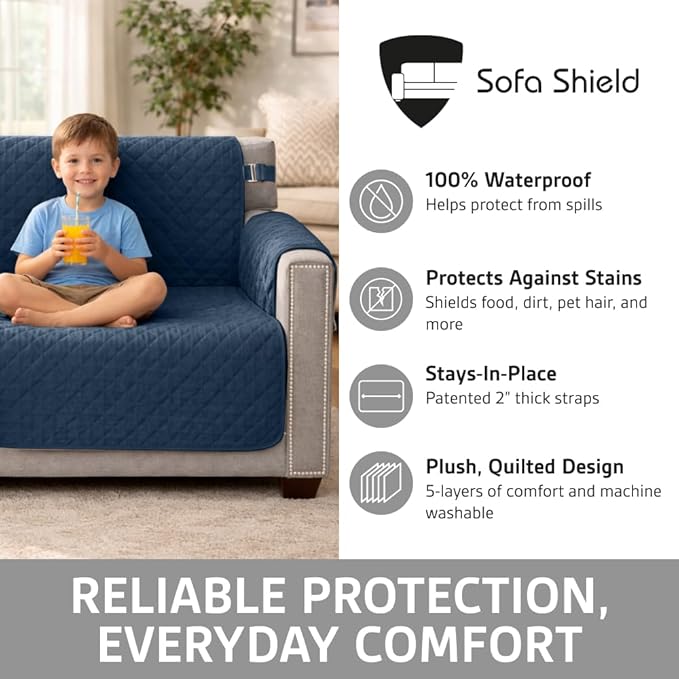 Sofa Shield 100% Waterproof Couch Cover with Patented Straps, Slip and Stain Resistant, Machine Washable Sofa Slipcover for Dogs Cats Pets & Kids, 30x30 inch Seat, Sectional Corner, Navy - Image 2