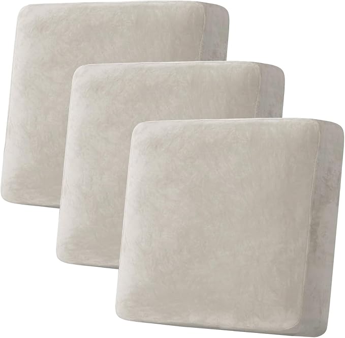 H.VERSAILTEX Velvet Stretch Couch Cushion Cover Plush Cushion Slipcover for Chair Loveseat Sofa Cushion Furniture Protector Seat Cushion Sofa Cover (3 Piece XL Sofa Cushion Covers, Oatmeal) by HVERSAILTEX