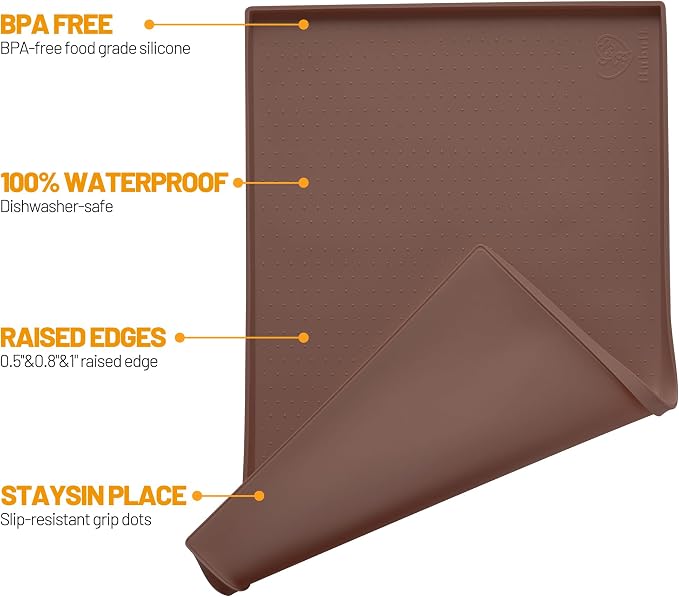 Hubulk Dog Feeding Mat,100% Waterproof Food Grade Silicone Pet Food and Water Bowl Placemat,Dishwasher, High Raised Edge to Prevent Spills,Nonslip Tray to Stop Messes on Floor（19"x12"x0.5", Brown） - Image 2