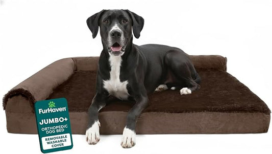 Furhaven Orthopedic Dog Bed for Large Dogs w/ Removable Bolsters & Washable Cover, For Dogs Up to 125 lbs - Plush & Velvet L Shaped Chaise - Sable Brown, Jumbo Plus/XXL