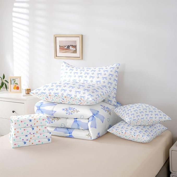 Erosebridal Bow 7 Piece Comforter Set Full Bed in a Bag for Girls Kids,Girly Blue Floral Coquette Bedding Sets for Child Bow Knot Ribbon Heart Quilt Dreamy Princess Style Sheet Set with Comforter - Image 6