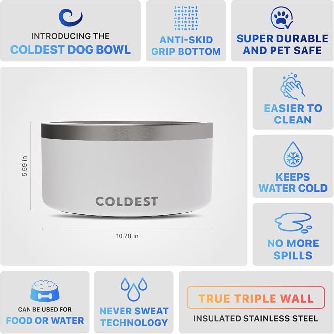 Coldest Dog Bowl - Anti Rust Metal, Non Slip, 3 Layers Insulated Stainless Steel Dog Bowls - Spill Proof & Heavy Duty - Water Bowl for Dogs, Cats & Pets, Dish Washer Safe (200 oz, Epic White) - Image 5