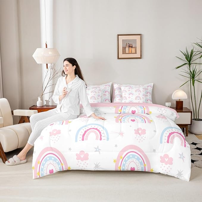 Feelyou Cute Rainbow 7 Piece Bedding Set Pink Blue Comforter Set with Sheets for Kids Boys Girls Star Print Bed in a Bag Cartoon Cute Bed Set Soft Lightweight - Image 6