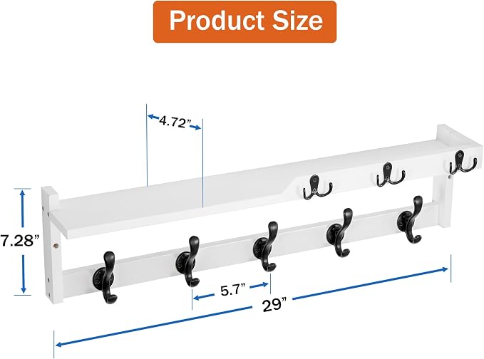 29'' Coat Rack Wall Mount with Shelf, Coat Hanger Wall Mount with Key Hooks and Mail Holder, Wood Entryway Floating Shelf with Hooks and Storage, Hat Rack for Wall Key Holder Mail Organizer - Image 6