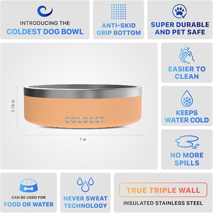 Coldest Dog Bowl - Anti Rust Metal, Non Slip, 3 Layers Insulated Stainless Steel Dog Bowls - Spill Proof & Heavy Duty - Water Bowl for Dogs, Cats & Pets, Dish Washer Safe (42 oz, Sahara Peach) - Image 5