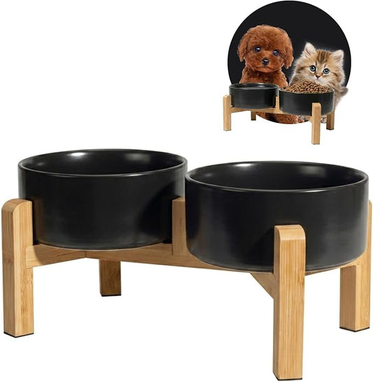 Elevated Ceramic Dog Bowl, 2 Cups Dog Food and Water Bowl Set with Stand | 5.1'' Double Dog Feeding Dishes, Non-Slip Raised Dog Feeder for Cats and Puppies, 16.23 OZ / 480 ML, White by PTOBER